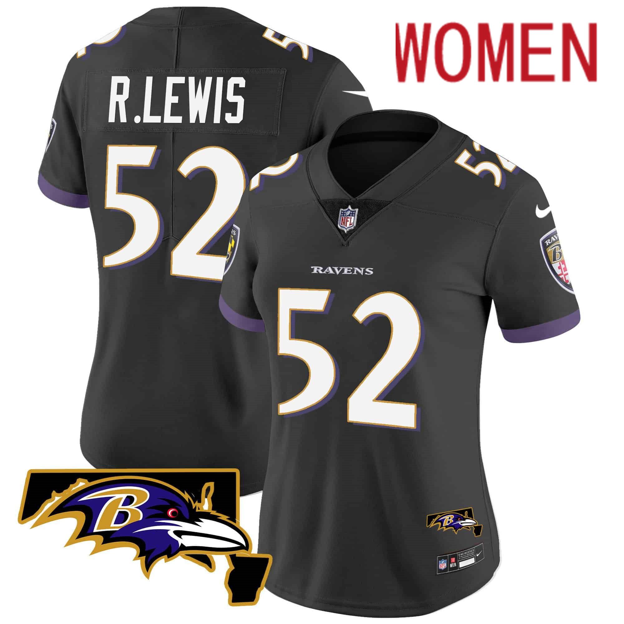 Women Baltimore Ravens 52 R.Lewis Black 2024 Nike Maryland Patch Vapor Limited NFL Jersey style 1